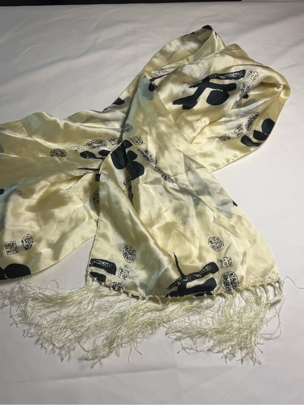 Silky Ivory Scarf with Black Print and Fringe